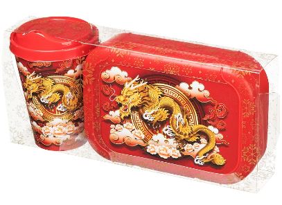 Набор: стакан с крышкой 420мл с декором + ланч-бокс 0,85л с декором (красный)